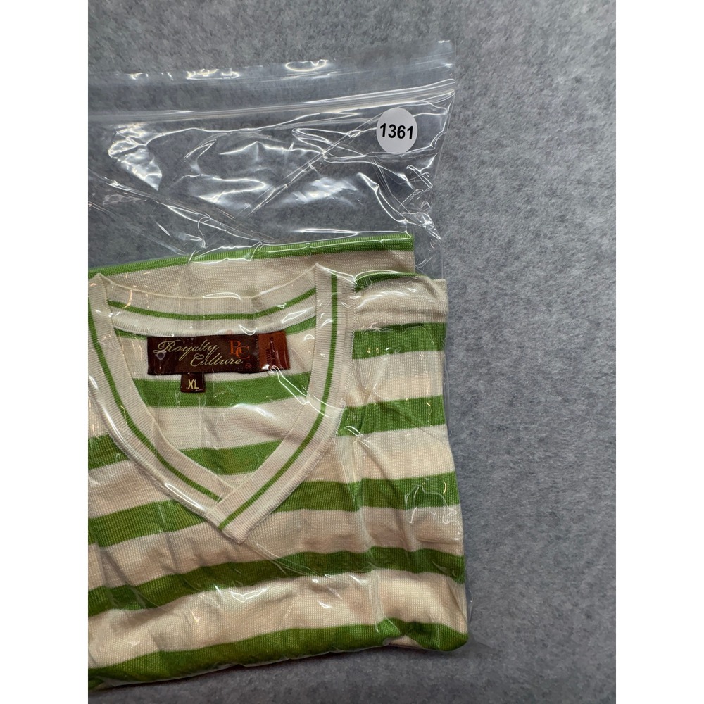 Royalty Culture Mens XL Green Striped Short Sleeve V-Neck Knit Sweater Top - Picture 9 of 9